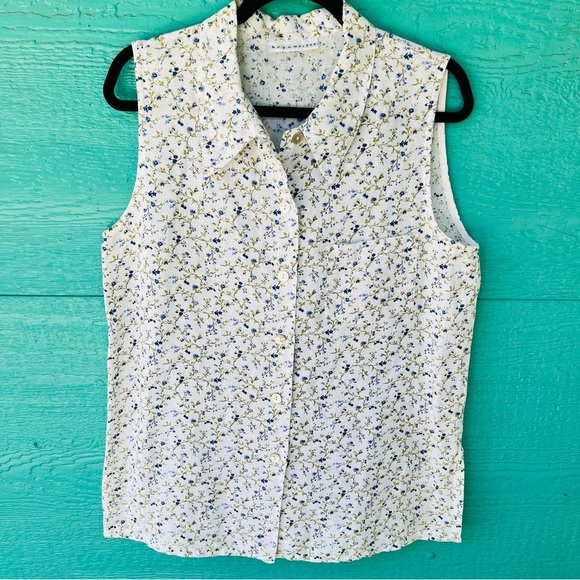 BRYN WALKER 100% LINEN VIOLET FLORAL PRINT SLEEVELESS BUTTON DOWN TOP SIZE MED - Picture 1 of 11